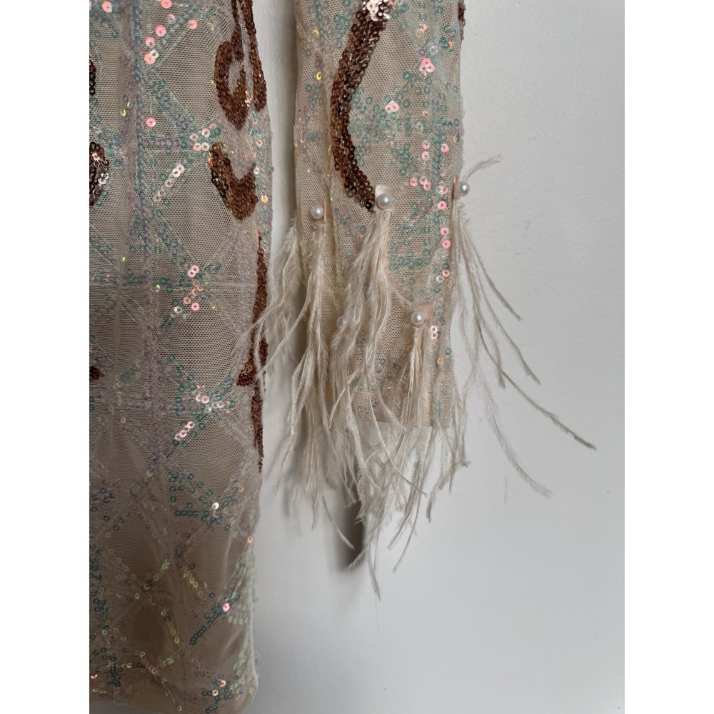 Rose Gold Sequin Embellished Dress S Feather Cuffs Nude Mesh Party Cocktail Glam - Picture 4 of 16